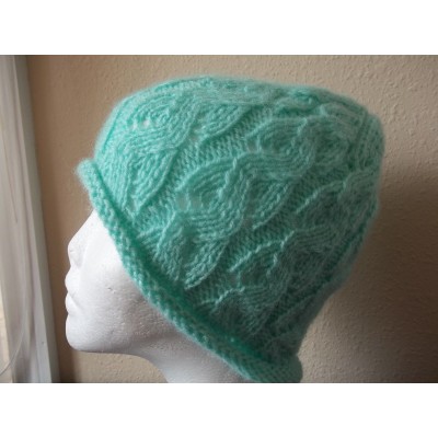Hand knitted elegant lace pattern beanie/hat  mint green  eb-38845871